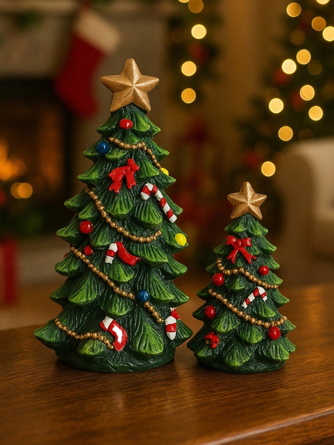 2Pcs Resin Christmas Tree Decorations with Star Topper Mini Desktop Holiday Ornaments, Cute Christmas Figurines Centerpieces, Holiday Party Home Decorations, Suitable for Living Room, Fireplace, Desk, Christmas Decorations Room Decor