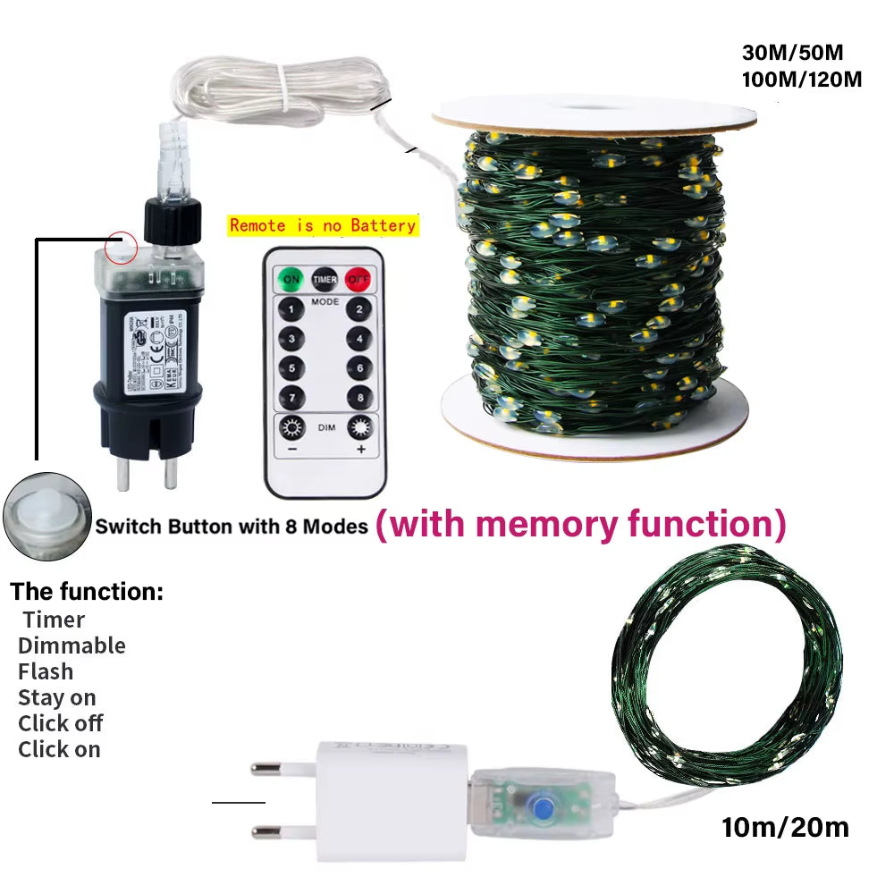 10-200M LED String Lights Fairy Green Wire Outdoor Christmas Light Tree Garland for New Year Street Home Party Wedding Decor