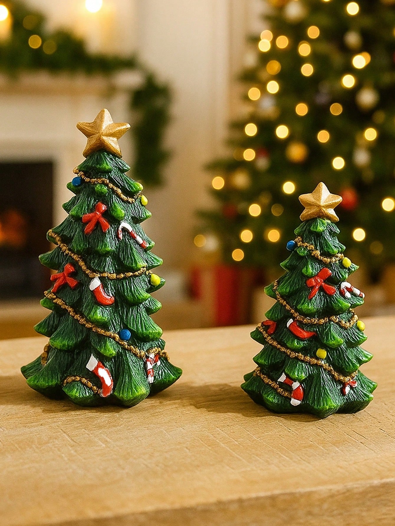 2Pcs Resin Christmas Tree Decorations with Star Topper Mini Desktop Holiday Ornaments, Cute Christmas Figurines Centerpieces, Holiday Party Home Decorations, Suitable for Living Room, Fireplace, Desk, Christmas Decorations Room Decor