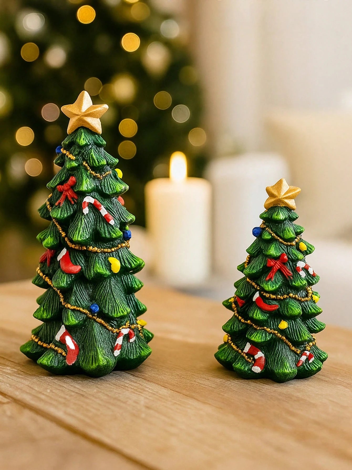2Pcs Resin Christmas Tree Decorations with Star Topper Mini Desktop Holiday Ornaments, Cute Christmas Figurines Centerpieces, Holiday Party Home Decorations, Suitable for Living Room, Fireplace, Desk, Christmas Decorations Room Decor