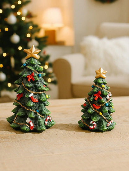 2Pcs Resin Christmas Tree Decorations with Star Topper Mini Desktop Holiday Ornaments, Cute Christmas Figurines Centerpieces, Holiday Party Home Decorations, Suitable for Living Room, Fireplace, Desk, Christmas Decorations Room Decor