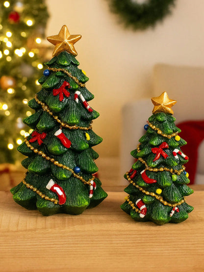 2Pcs Resin Christmas Tree Decorations with Star Topper Mini Desktop Holiday Ornaments, Cute Christmas Figurines Centerpieces, Holiday Party Home Decorations, Suitable for Living Room, Fireplace, Desk, Christmas Decorations Room Decor