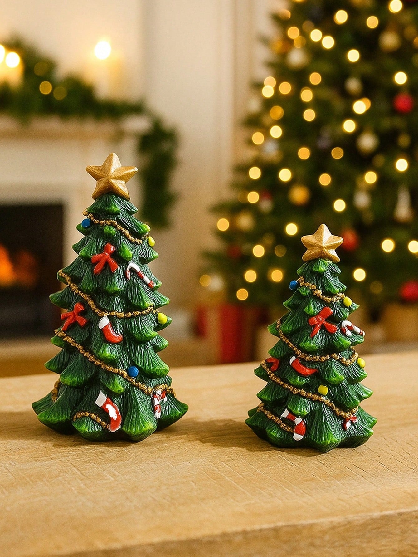 2Pcs Resin Christmas Tree Decorations with Star Topper Mini Desktop Holiday Ornaments, Cute Christmas Figurines Centerpieces, Holiday Party Home Decorations, Suitable for Living Room, Fireplace, Desk, Christmas Decorations Room Decor
