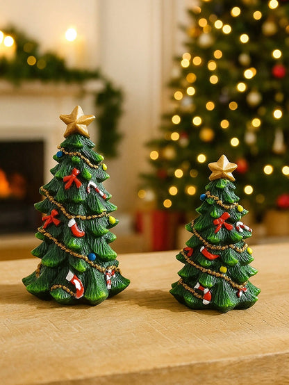 2Pcs Resin Christmas Tree Decorations with Star Topper Mini Desktop Holiday Ornaments, Cute Christmas Figurines Centerpieces, Holiday Party Home Decorations, Suitable for Living Room, Fireplace, Desk, Christmas Decorations Room Decor
