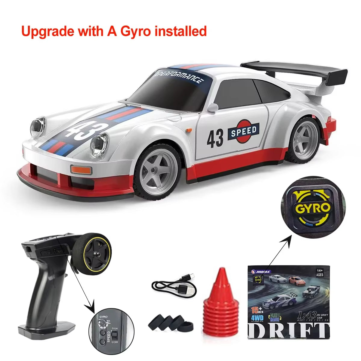 1/43 RC Drift Car with Gyro 15Km/H High Speed Racing Vehicle 2.4G Remote Control Drifting Cars with LED Lights Toys for Children