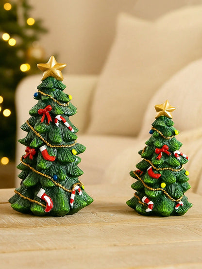 2Pcs Resin Christmas Tree Decorations with Star Topper Mini Desktop Holiday Ornaments, Cute Christmas Figurines Centerpieces, Holiday Party Home Decorations, Suitable for Living Room, Fireplace, Desk, Christmas Decorations Room Decor