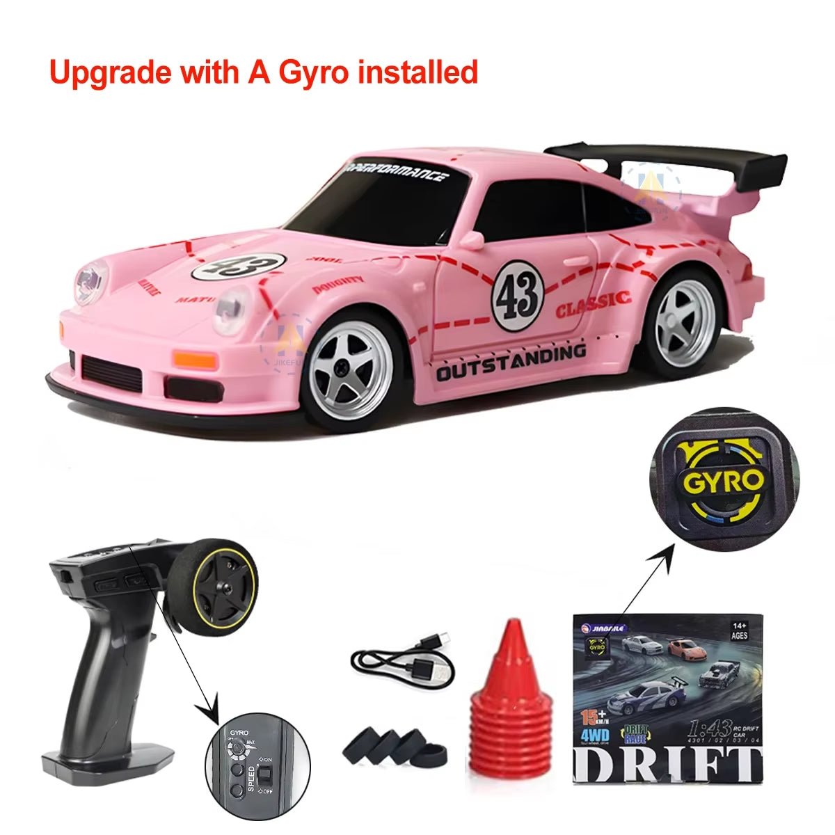 1/43 RC Drift Car with Gyro 15Km/H High Speed Racing Vehicle 2.4G Remote Control Drifting Cars with LED Lights Toys for Children